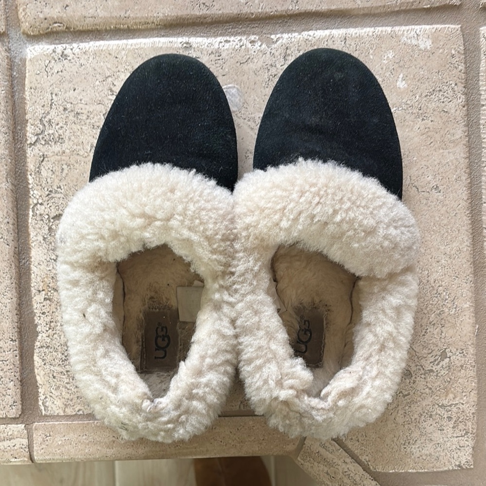 UGG Black and Cream Shearling Slippers